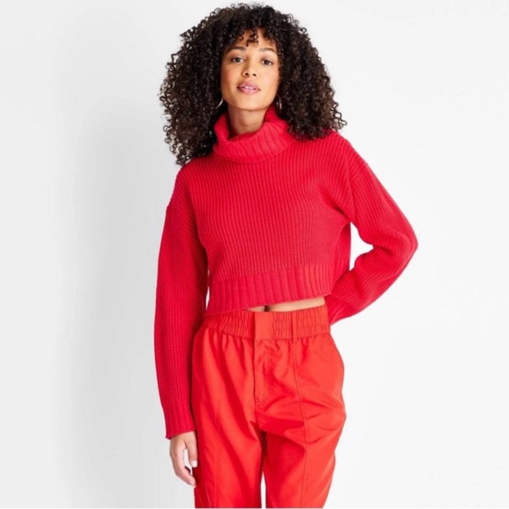 Future Collective Kahlana Barfield Brown Crop Turtleneck Long Sleeve Sweater